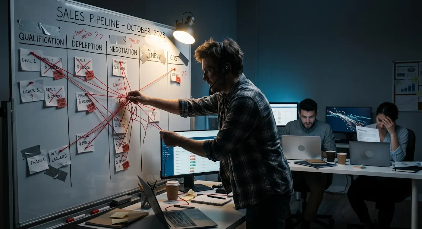 A man in a headset stands by a whiteboard with tasks like "Qualification" and "Negotiation," while three colleagues work at d