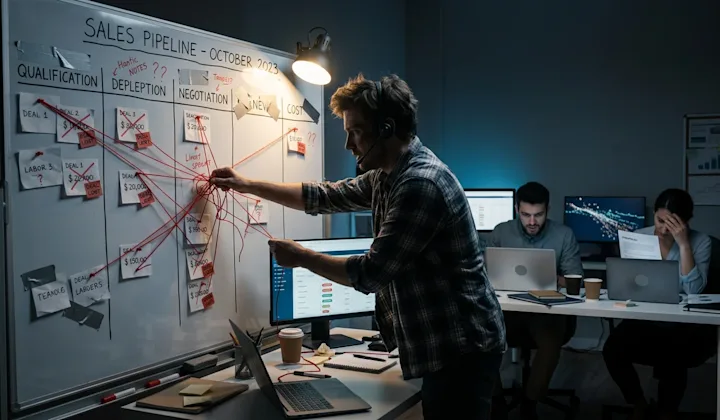 A man in a headset stands by a whiteboard with tasks like "Qualification" and "Negotiation," while three colleagues work at d