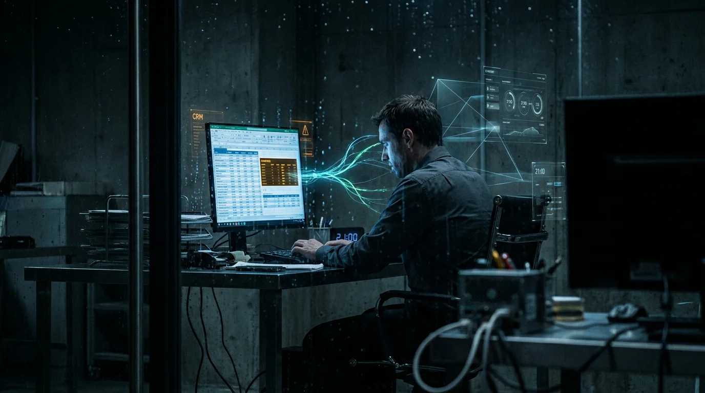 A man in a dark suit sits at a cluttered desk with a computer, focused on work, against a dark background and futuristic wind