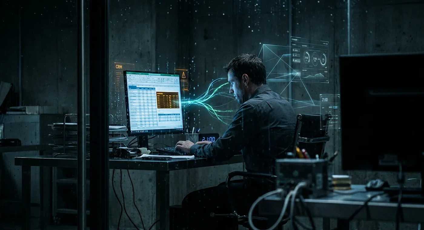 A man in a dark suit sits at a cluttered desk with a computer, focused on work, against a dark background and futuristic wind