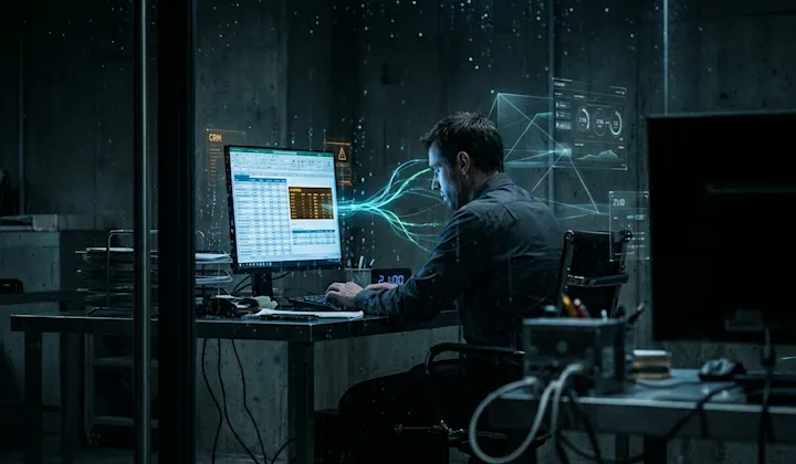 A man in a dark suit sits at a cluttered desk with a computer, focused on work, against a dark background and futuristic wind