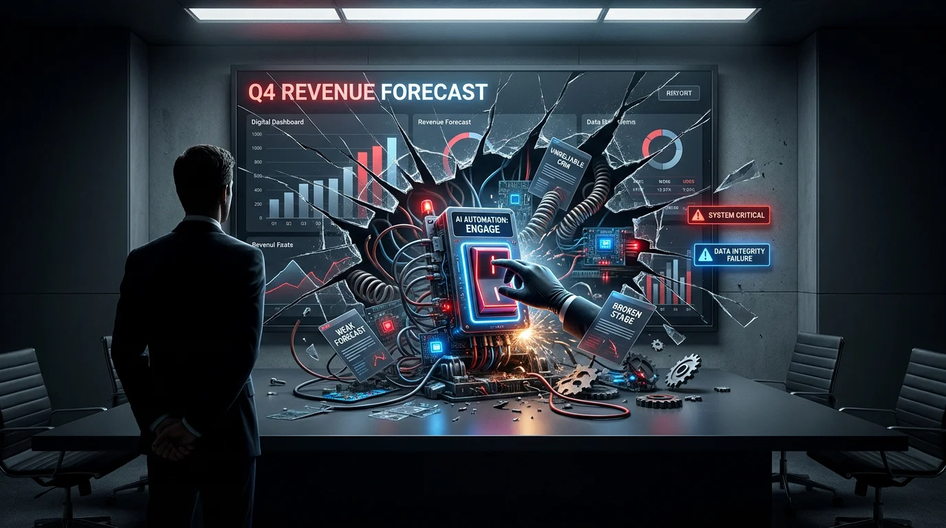 A man in a suit stands before a large screen displaying "Q4 Revenue Forecast," interacting with a colorful robot in a dimly l