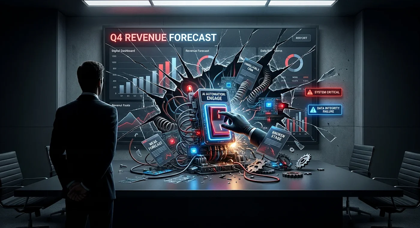 A man in a suit stands before a large screen displaying "Q4 Revenue Forecast," interacting with a colorful robot in a dimly l