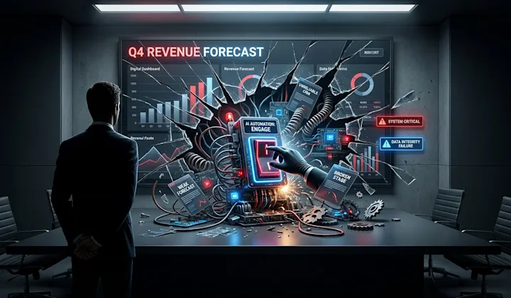 A man in a suit stands before a large screen displaying "Q4 Revenue Forecast," interacting with a colorful robot in a dimly l