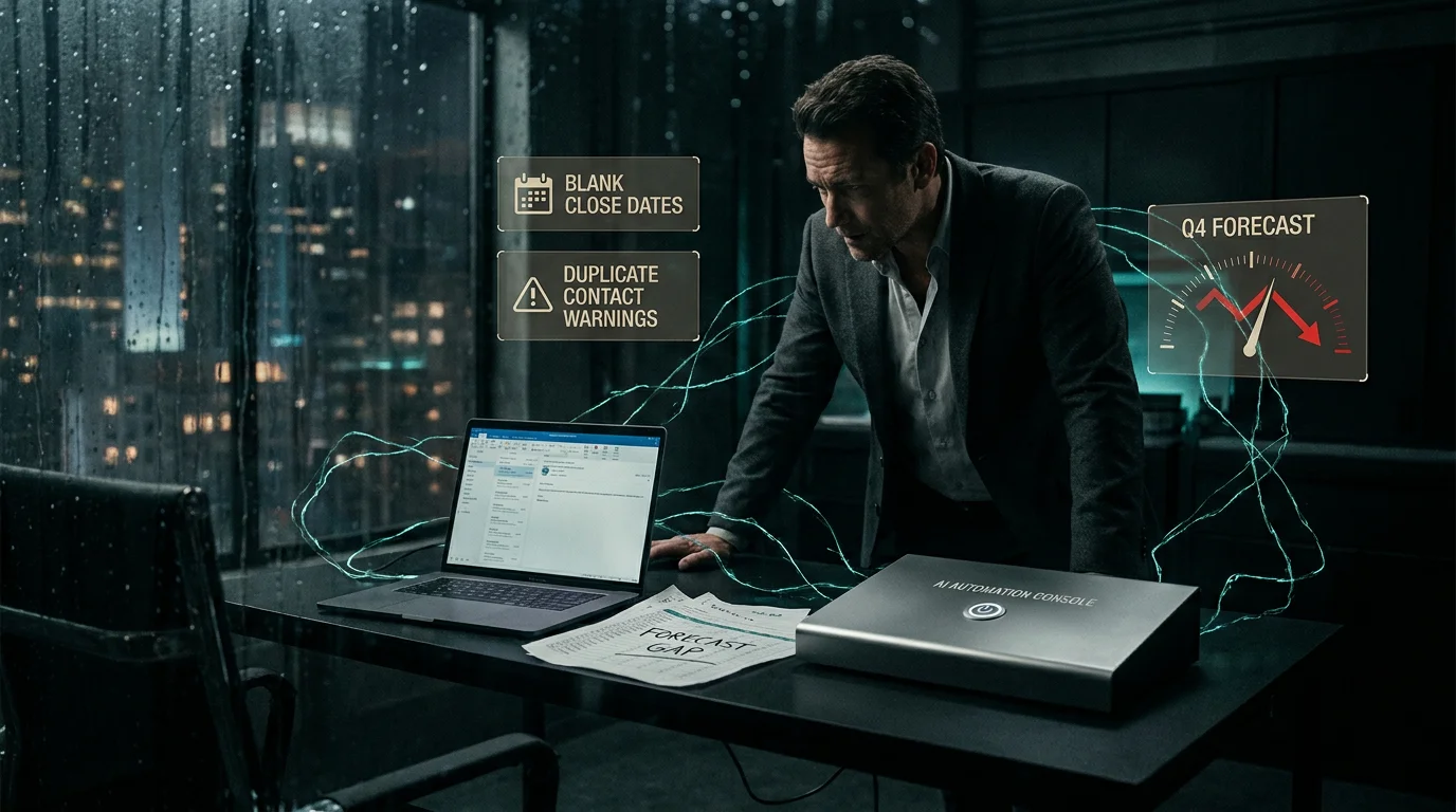 A man in a suit sits at a cluttered desk with a laptop, focused on work, against a night cityscape backdrop.