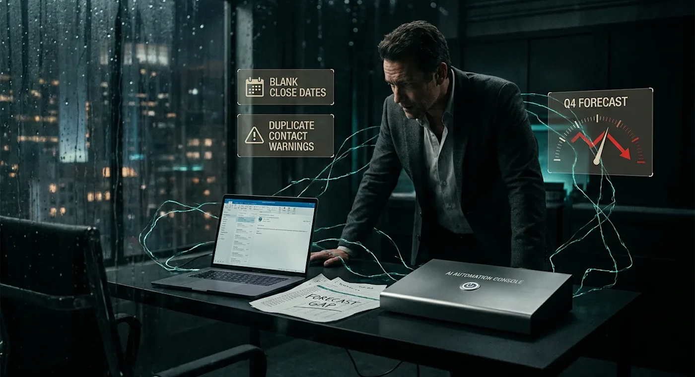 A man in a suit sits at a cluttered desk with a laptop, focused on work, against a night cityscape backdrop.