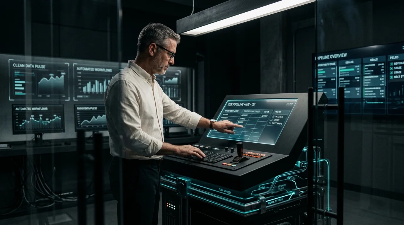 A man in a white shirt and glasses points at a screen on a black control panel in a dimly lit room.