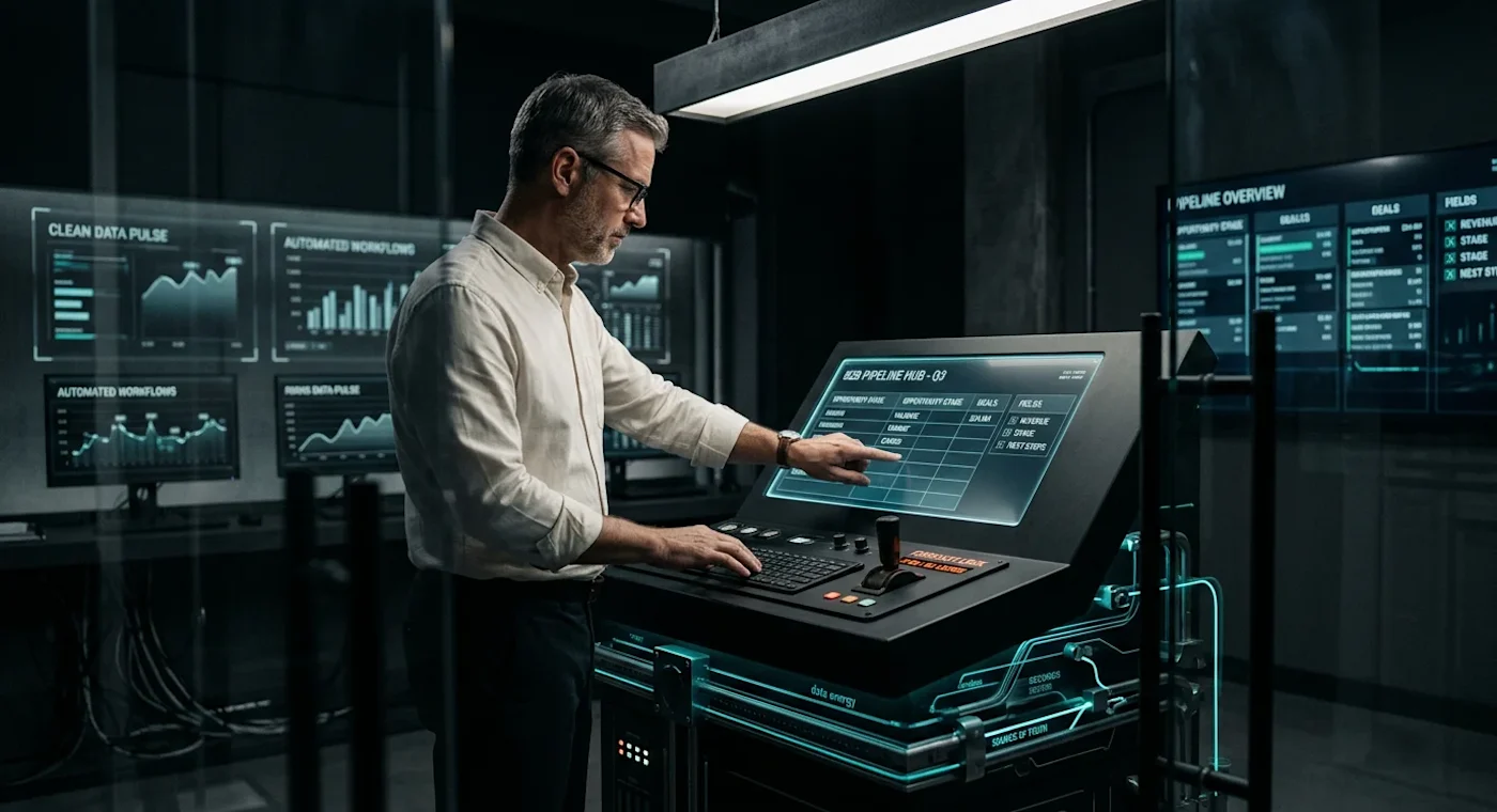 A man in a white shirt and glasses points at a screen on a black control panel in a dimly lit room.