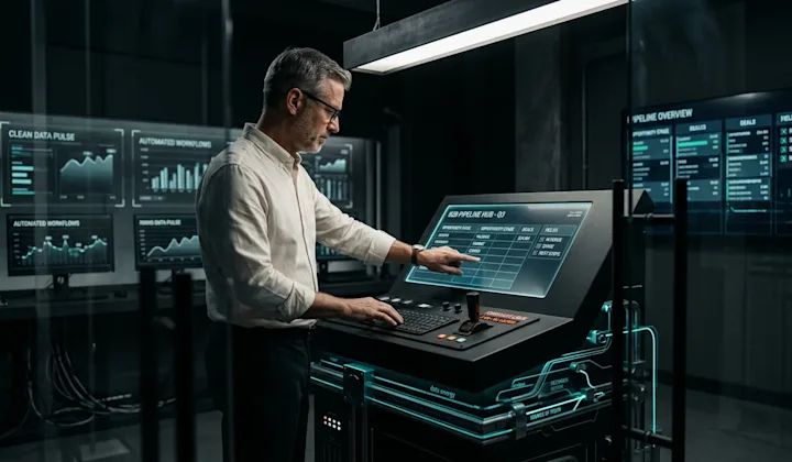 A man in a white shirt and glasses points at a screen on a black control panel in a dimly lit room.