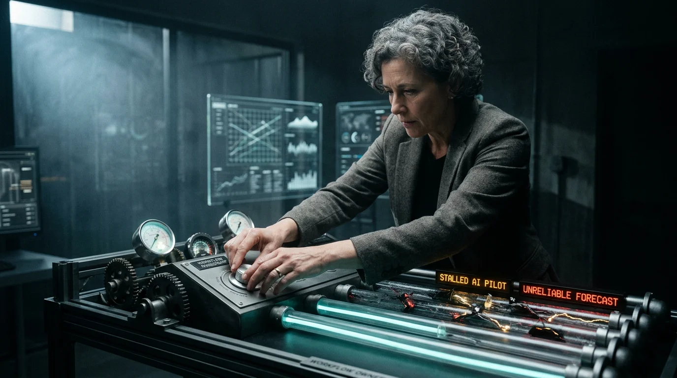 A woman in a gray blazer with curly gray hair sits at a desk in a dark control room, surrounded by multiple monitors and gaug