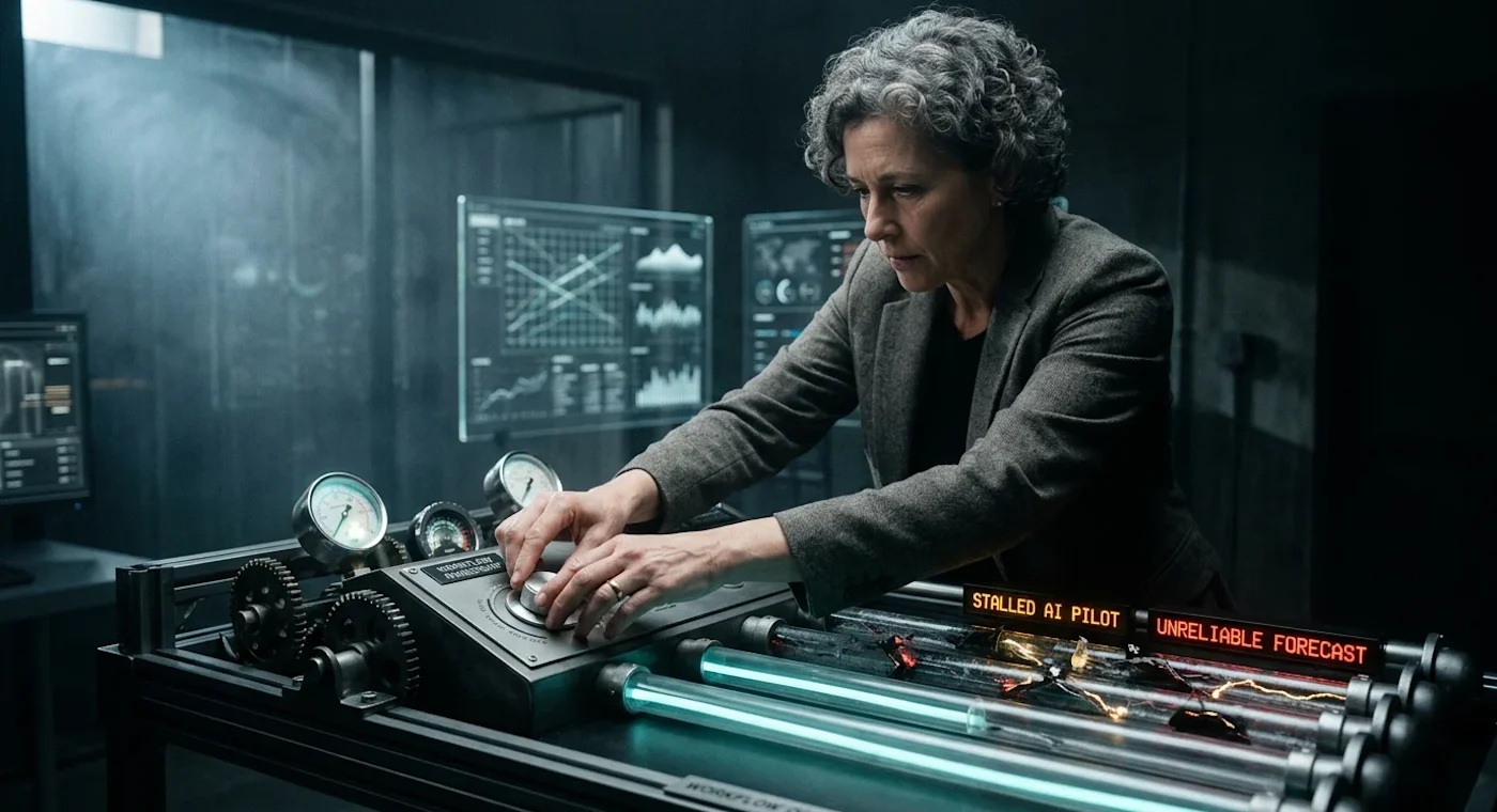 A woman in a gray blazer with curly gray hair sits at a desk in a dark control room, surrounded by multiple monitors and gaug