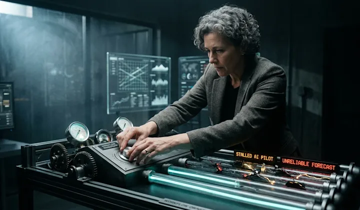 A woman in a gray blazer with curly gray hair sits at a desk in a dark control room, surrounded by multiple monitors and gaug