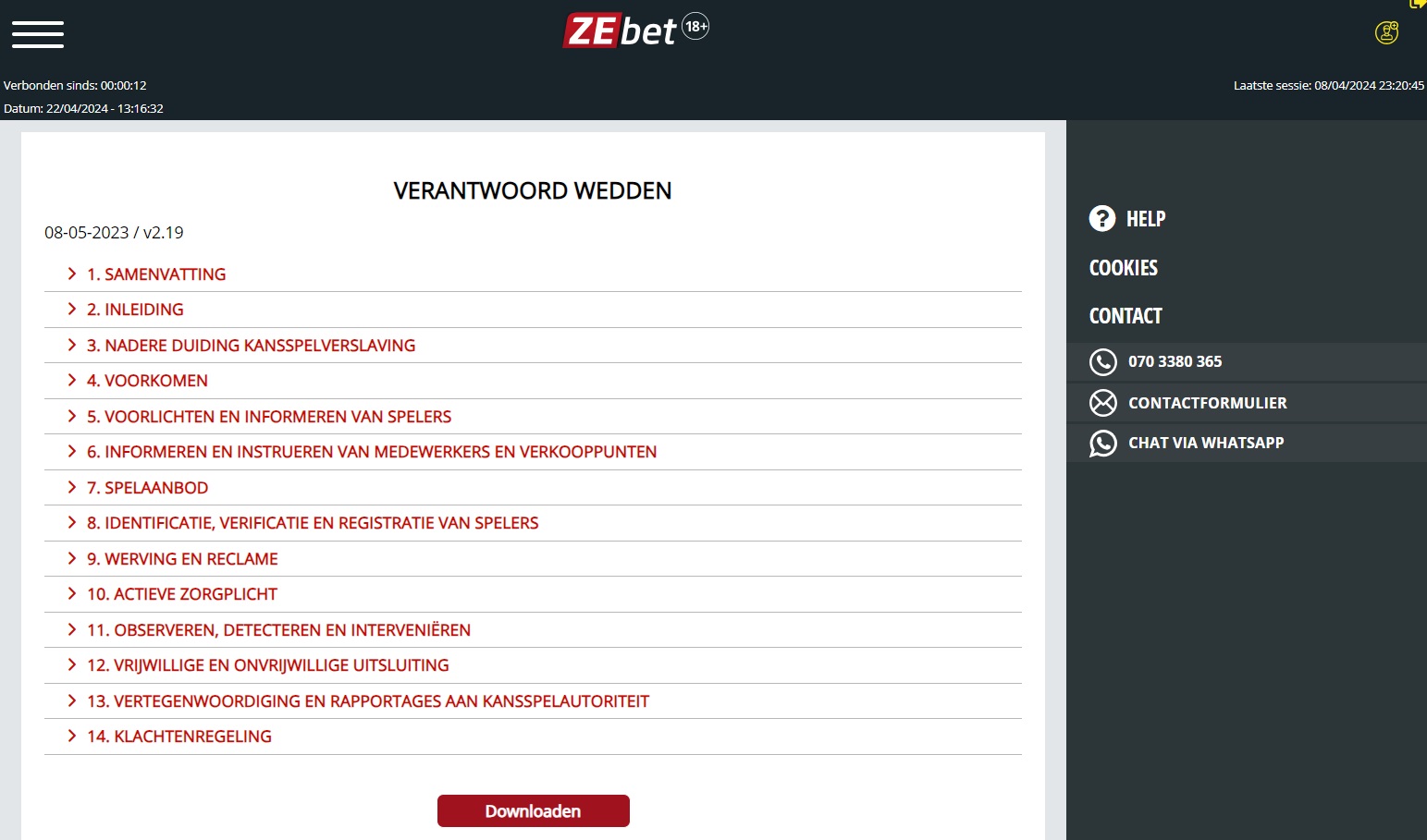 Screenshot Responsible Betting ZEbet