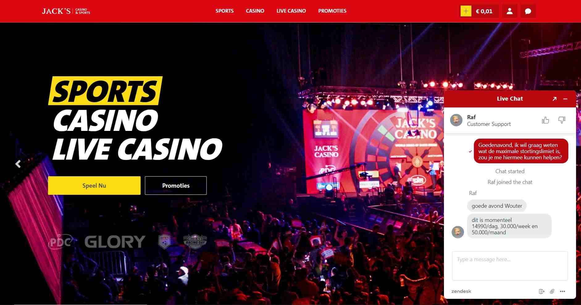 Customer service screenshot Jack's Casino