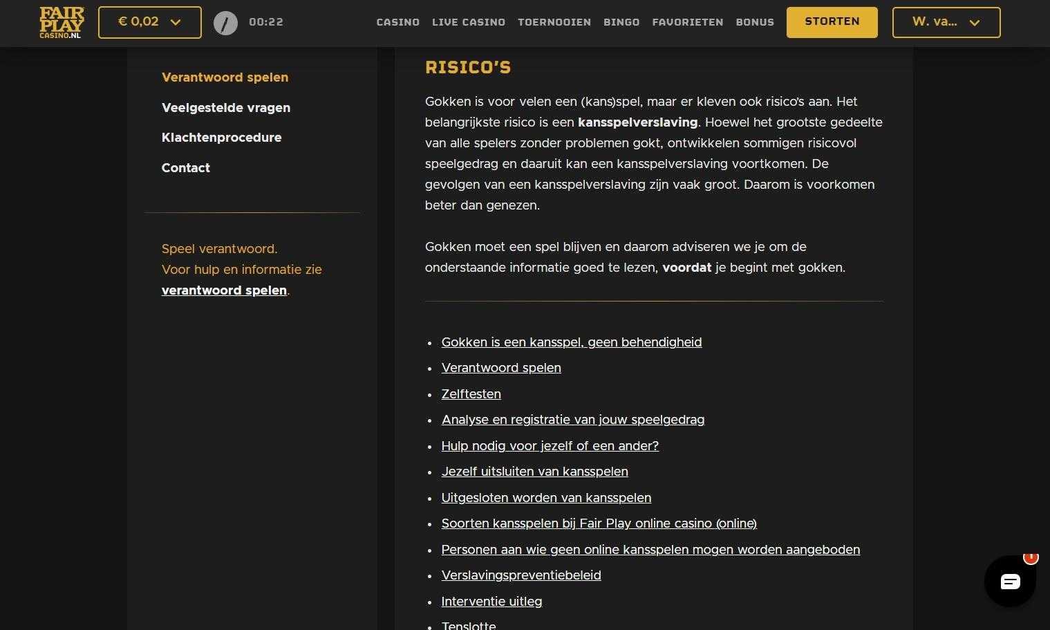 Responsible gaming page screenshot Fair Play Casino Online