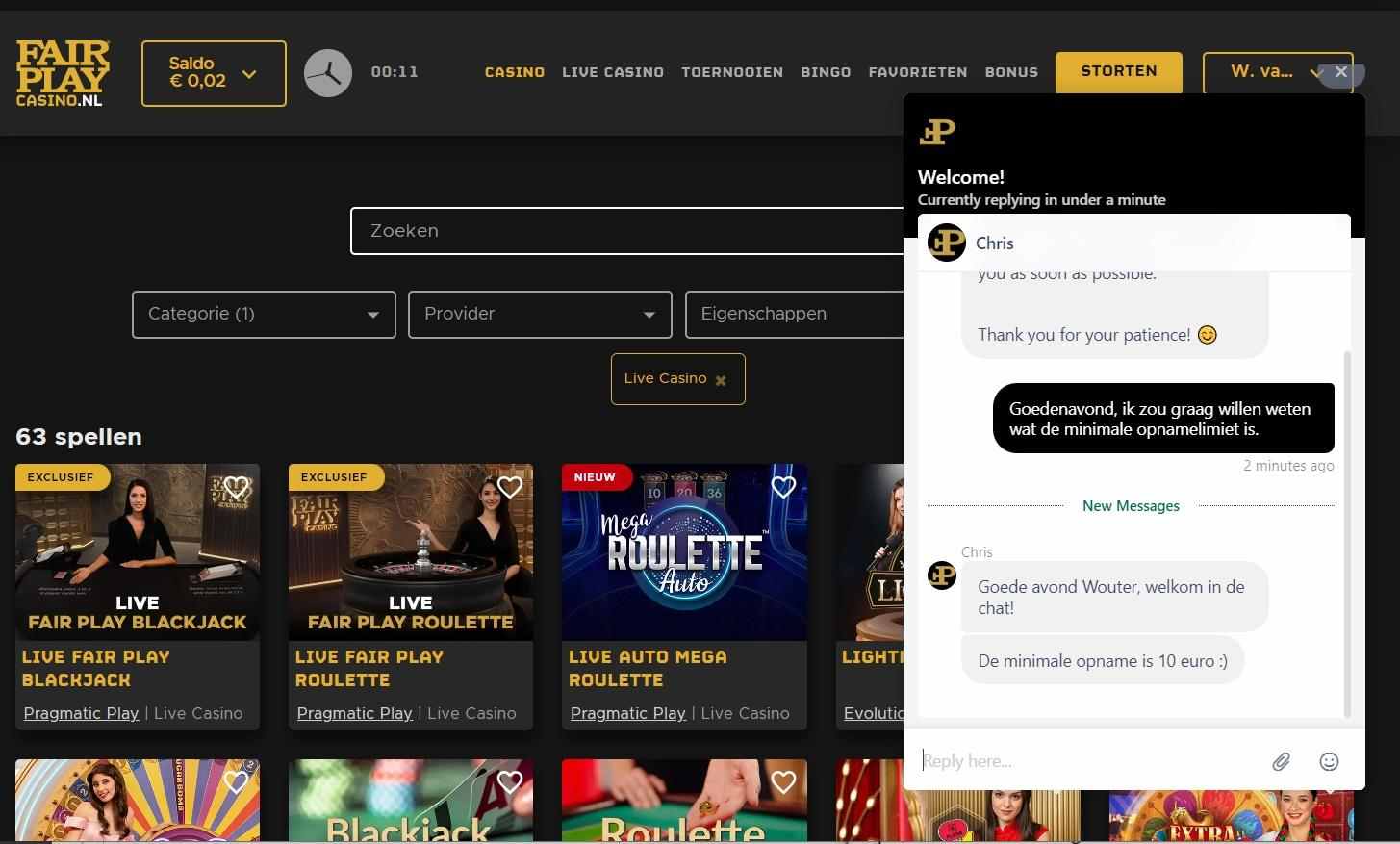 Customer Service screenshot Fair Play Casino