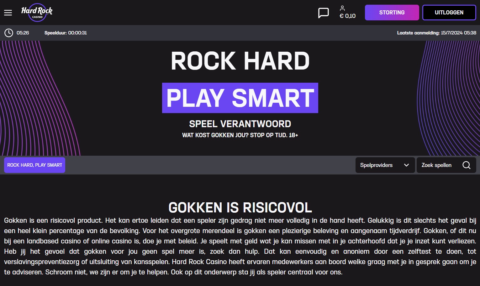 Screenshot responsible gaming Hard Rock Casino