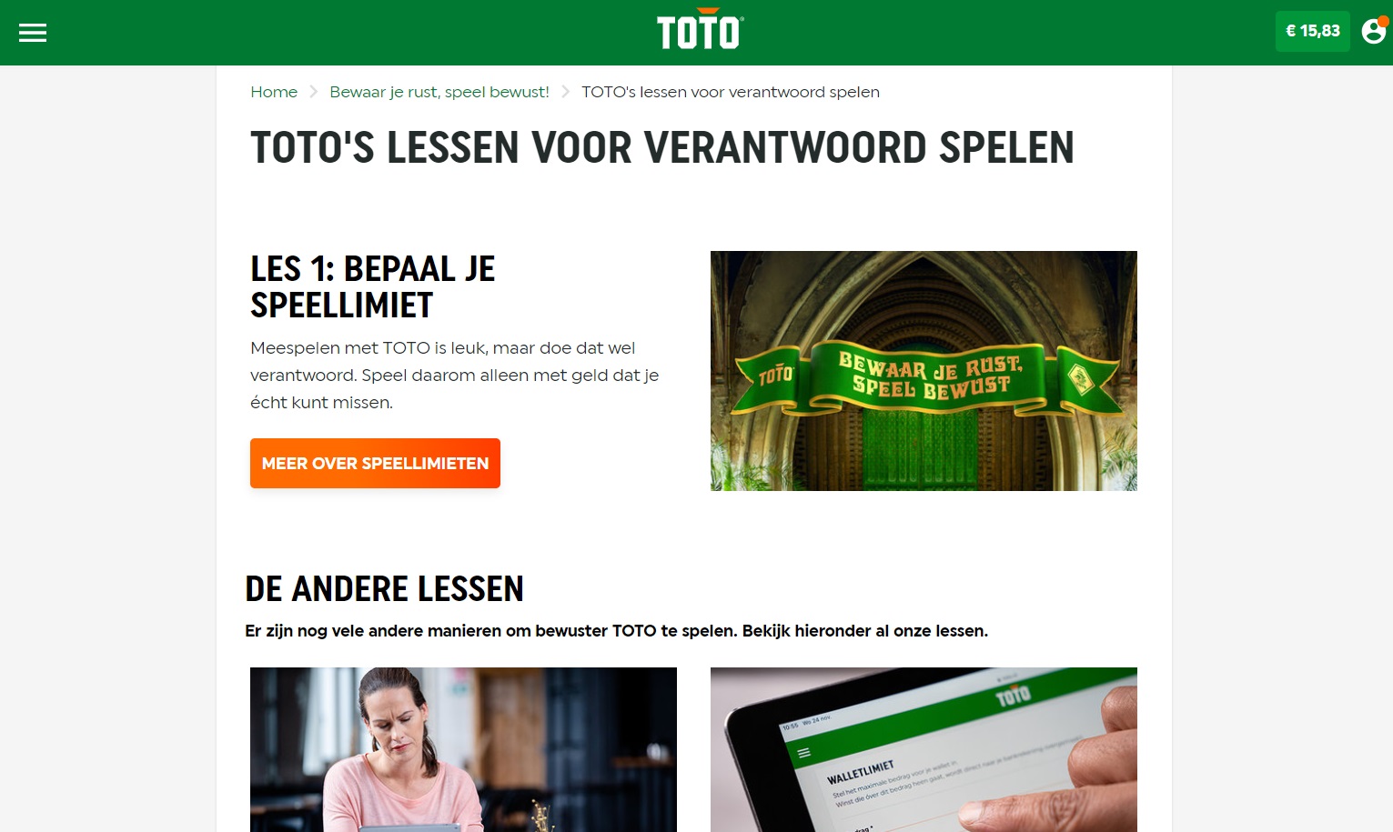 Screenshot Responsible Gaming page TOTO Casino