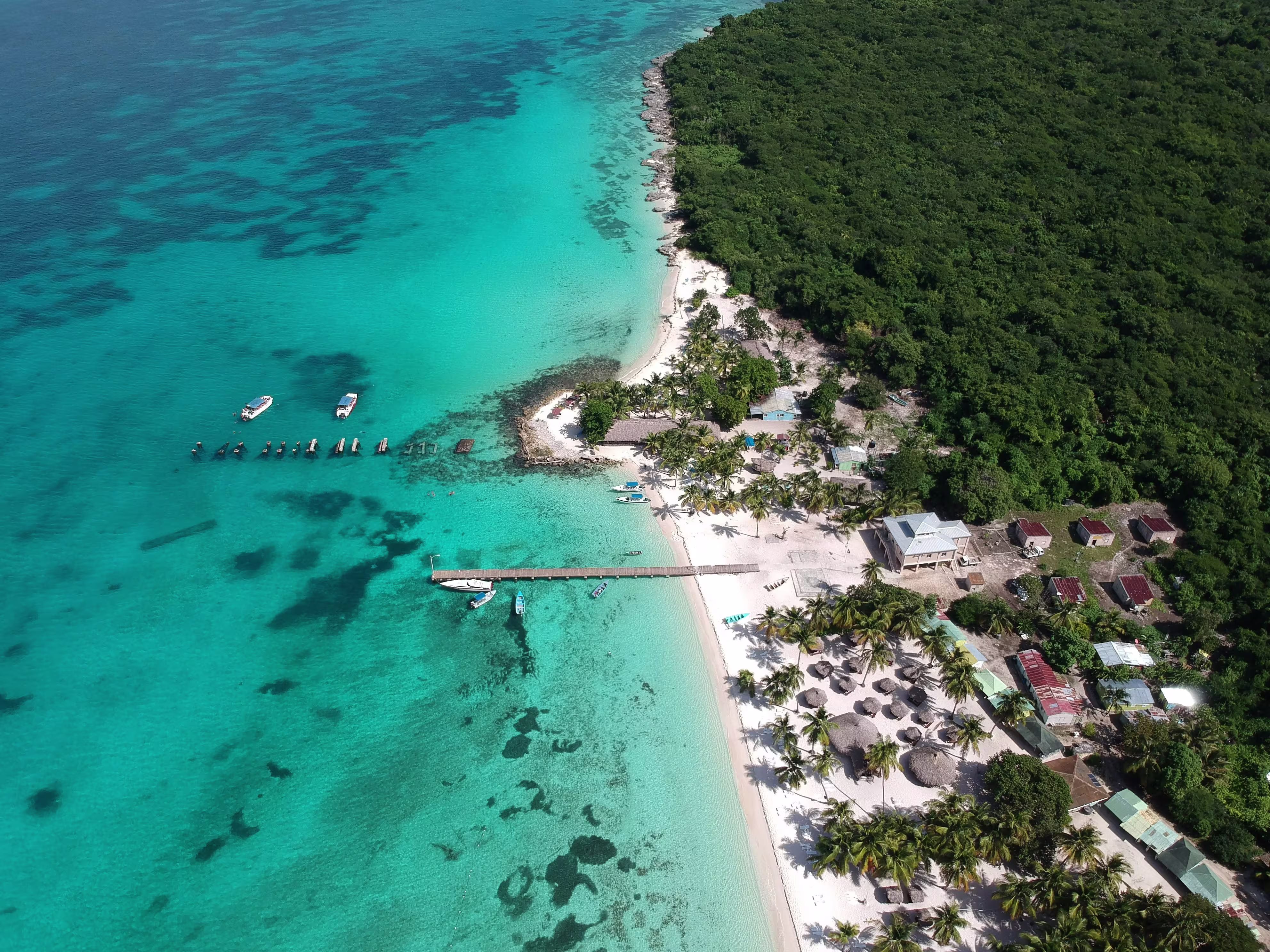 Aerial View of Tropical Coastline and Pier in Punta Cana