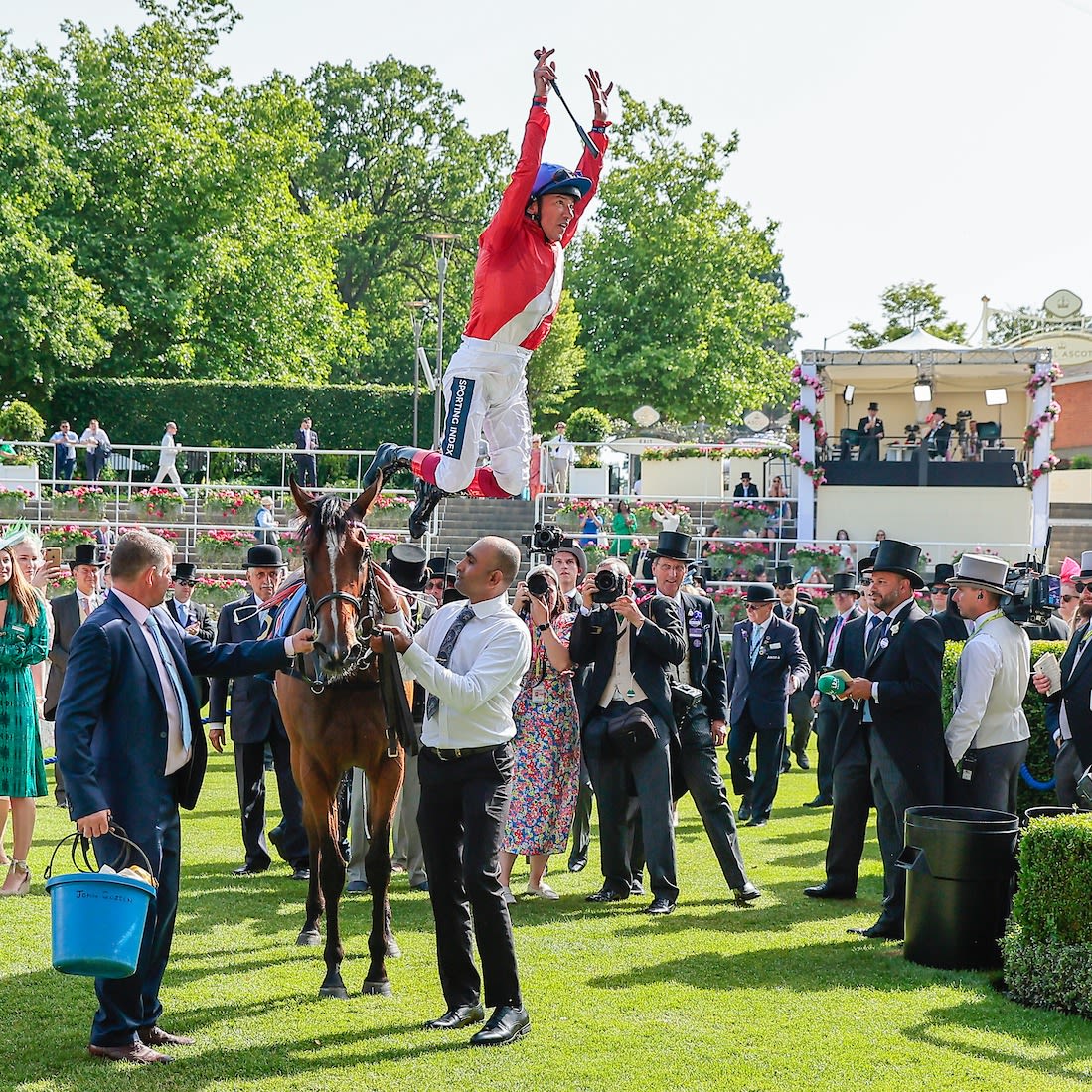 Frankie Dettori celebrates Inspiral's stunning Coronation Stakes victory with a trademark flying dismount (Pic: Focusonracing)