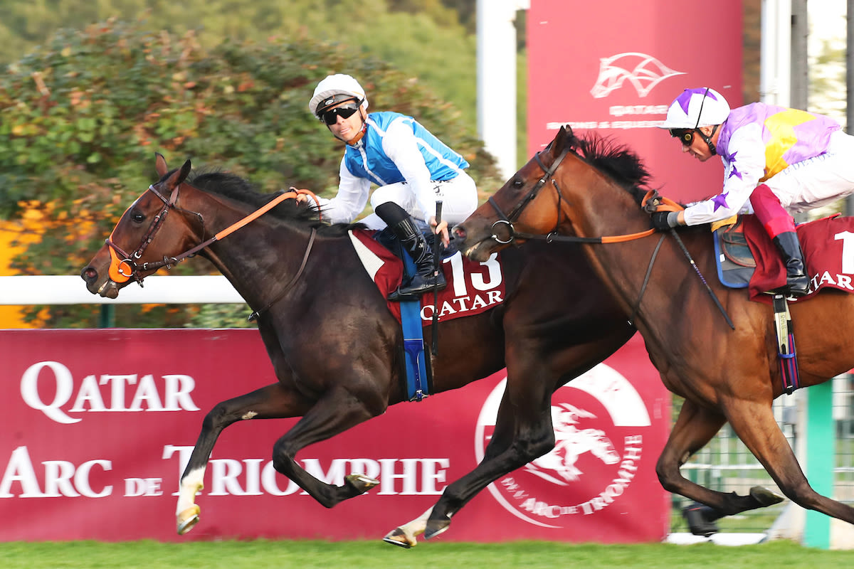 Maxime Guyon celebrates victory aboard Kelina in the Qatar Prix de la Foret, with Frankie Dettori a fast-finishing second aboard Kinross (Pic: Focusonracing)