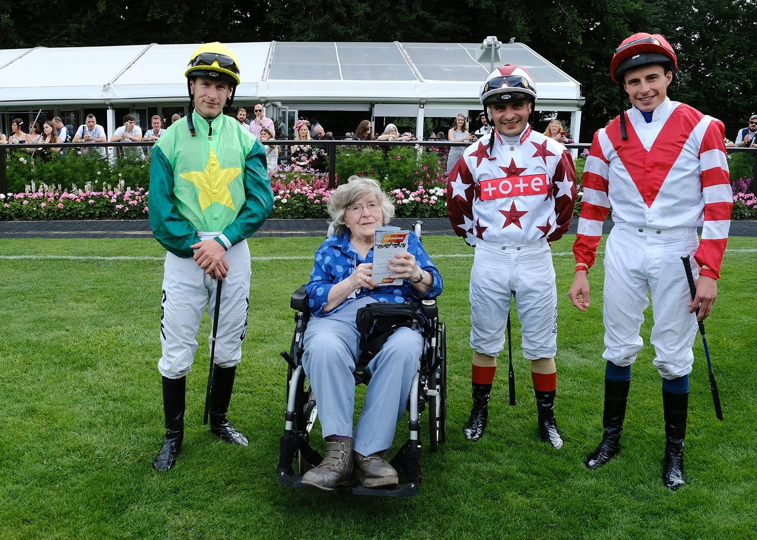  Betty Veal with, left to right, Richard Kingscote, Andrea Atzeni and William Buick