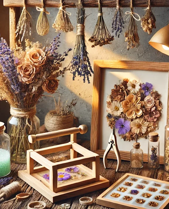 Droogbloemen Werkplek met Lavendel en Geperste Bloemen