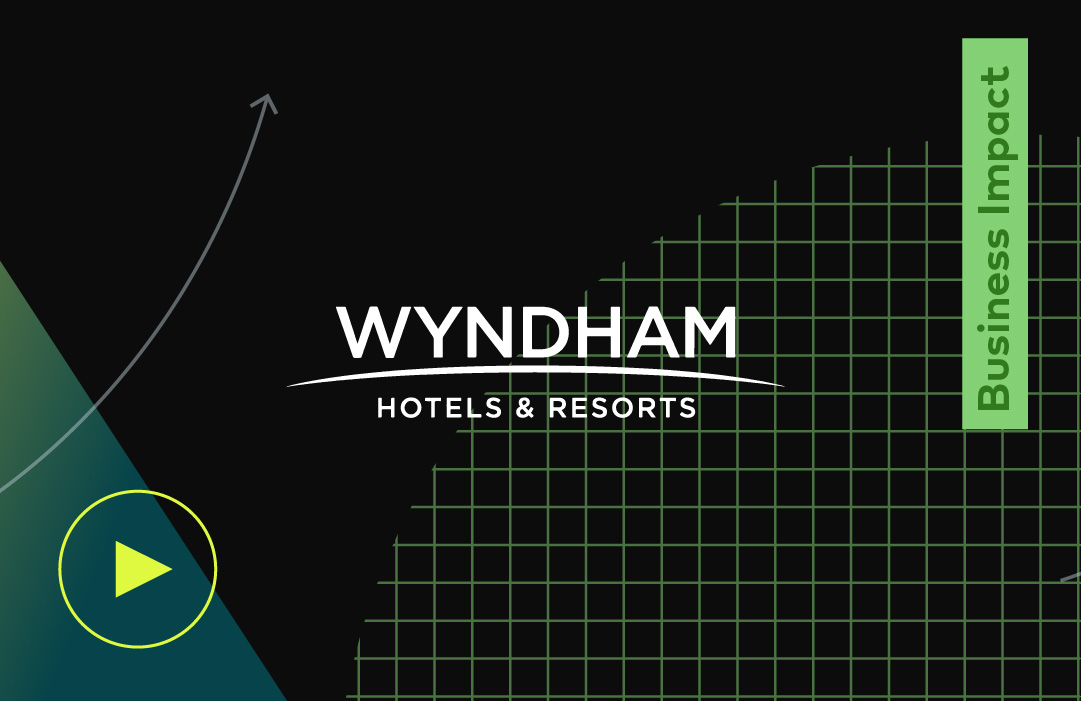 Wyndham logo on a geometric background with a play video button with a business impact tag