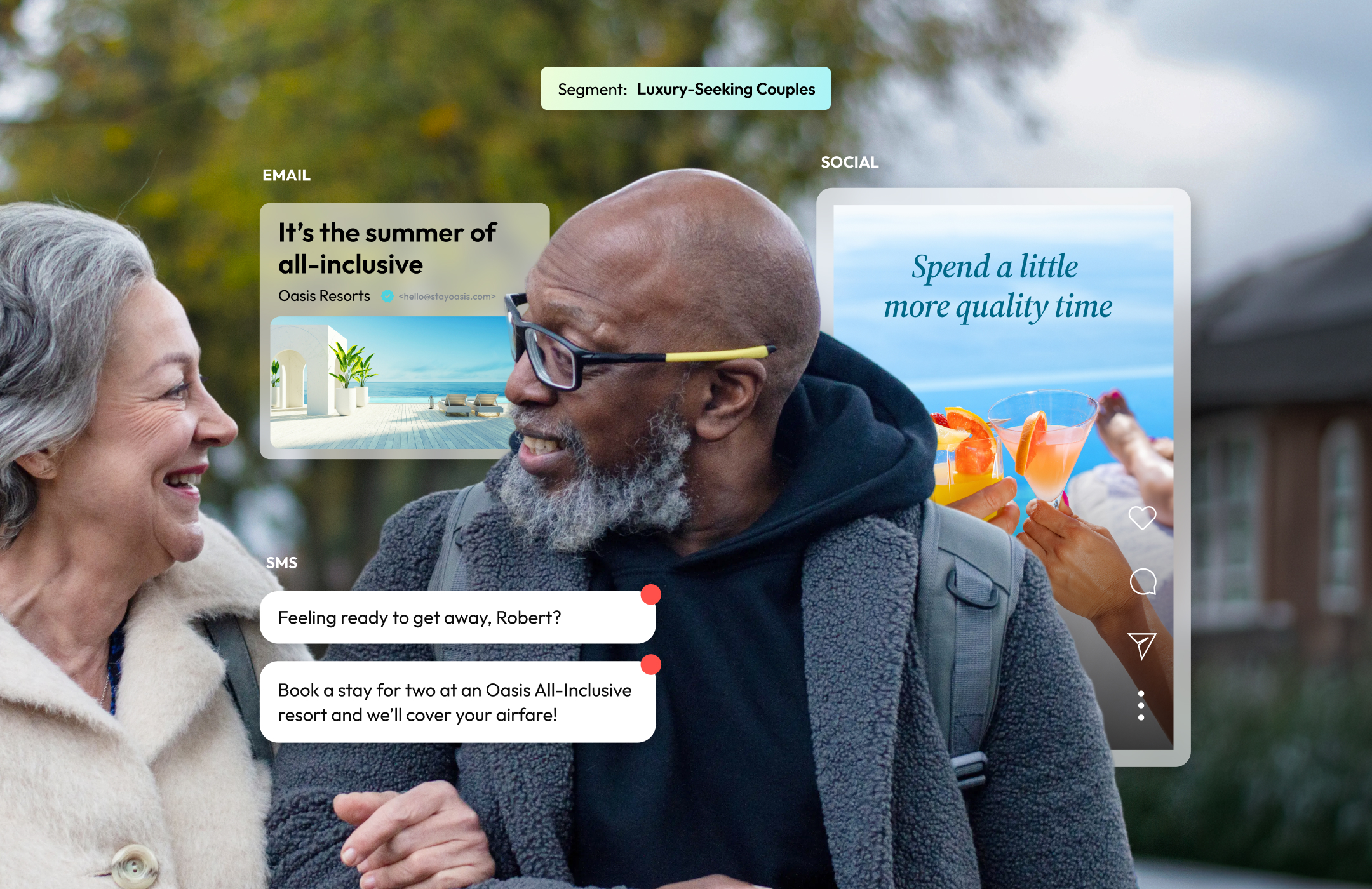 An older couple smiling at one another in a neighborhood. Floating screens show all-inclusive resort offers.