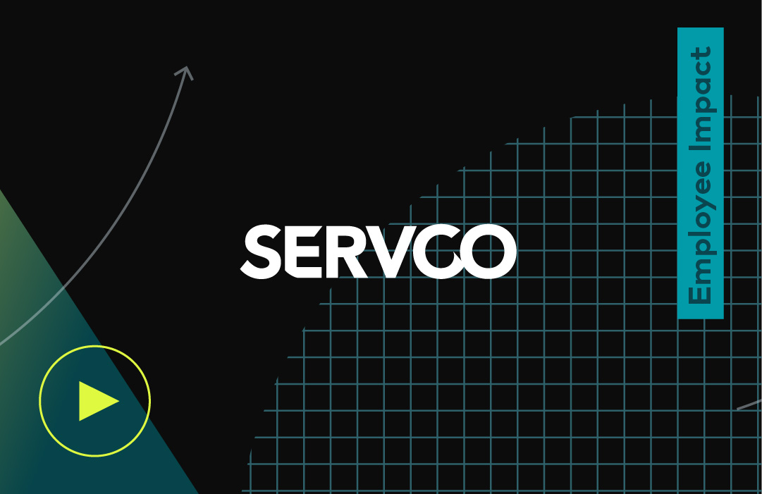 Servco logo on a geometric background with a play button with a employee impact tag
