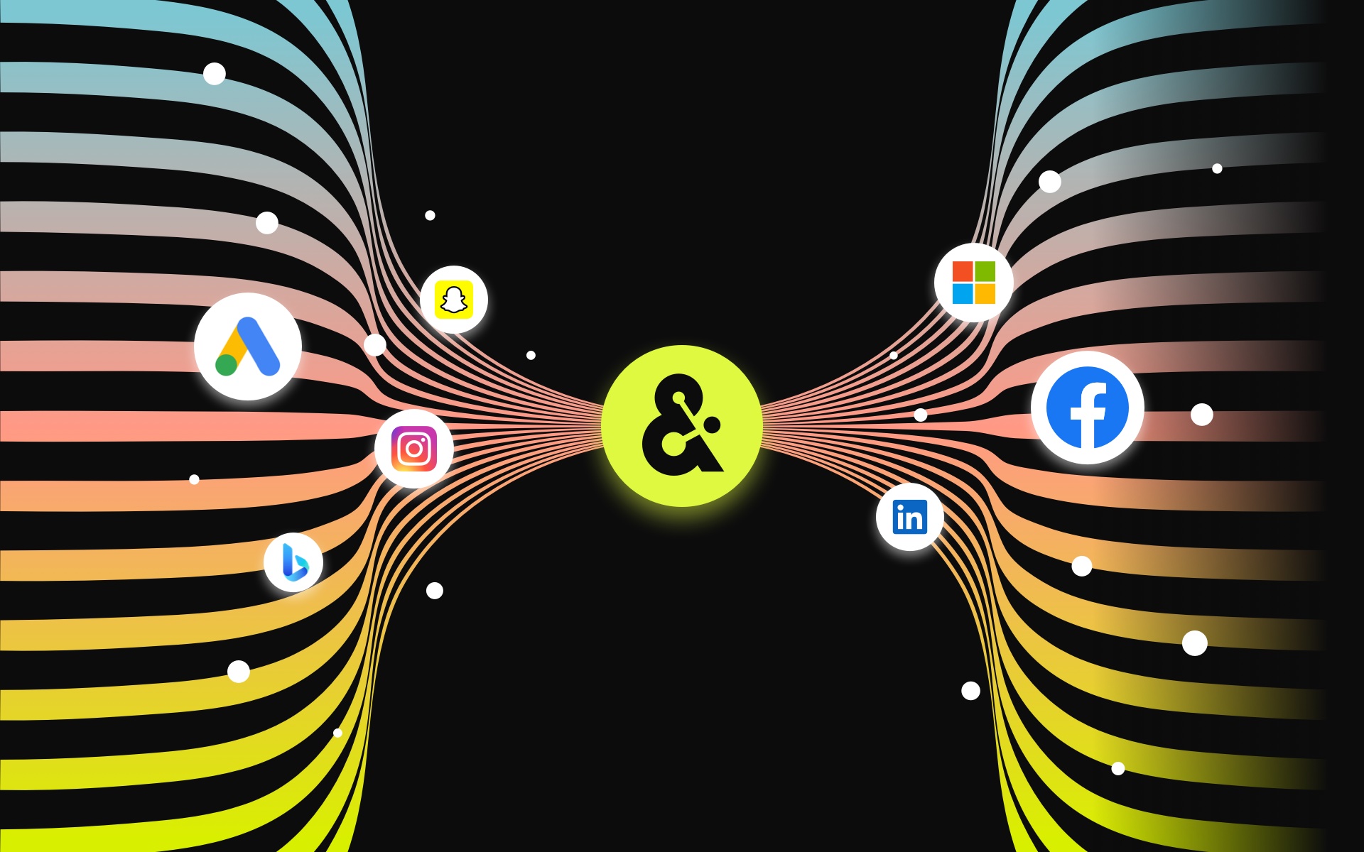 Illustration showing Google Ads, Instagram, Bing, Microsoft, Facebook, Snapchat, and LinkedIn being connected to Amperity