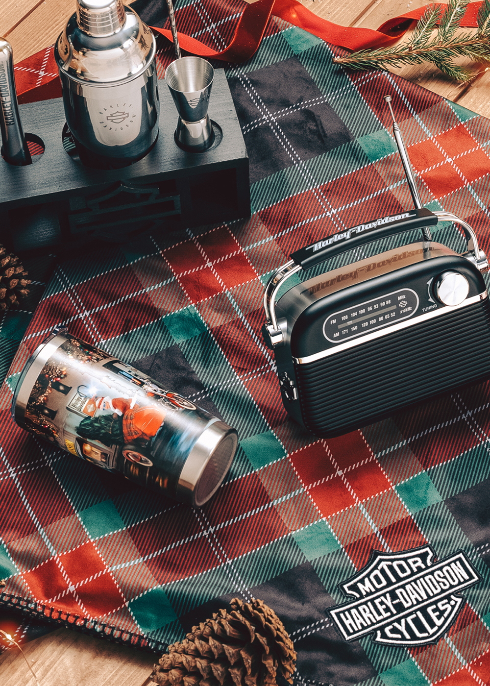 insulated mug, radio, drink shaker and shot glasses