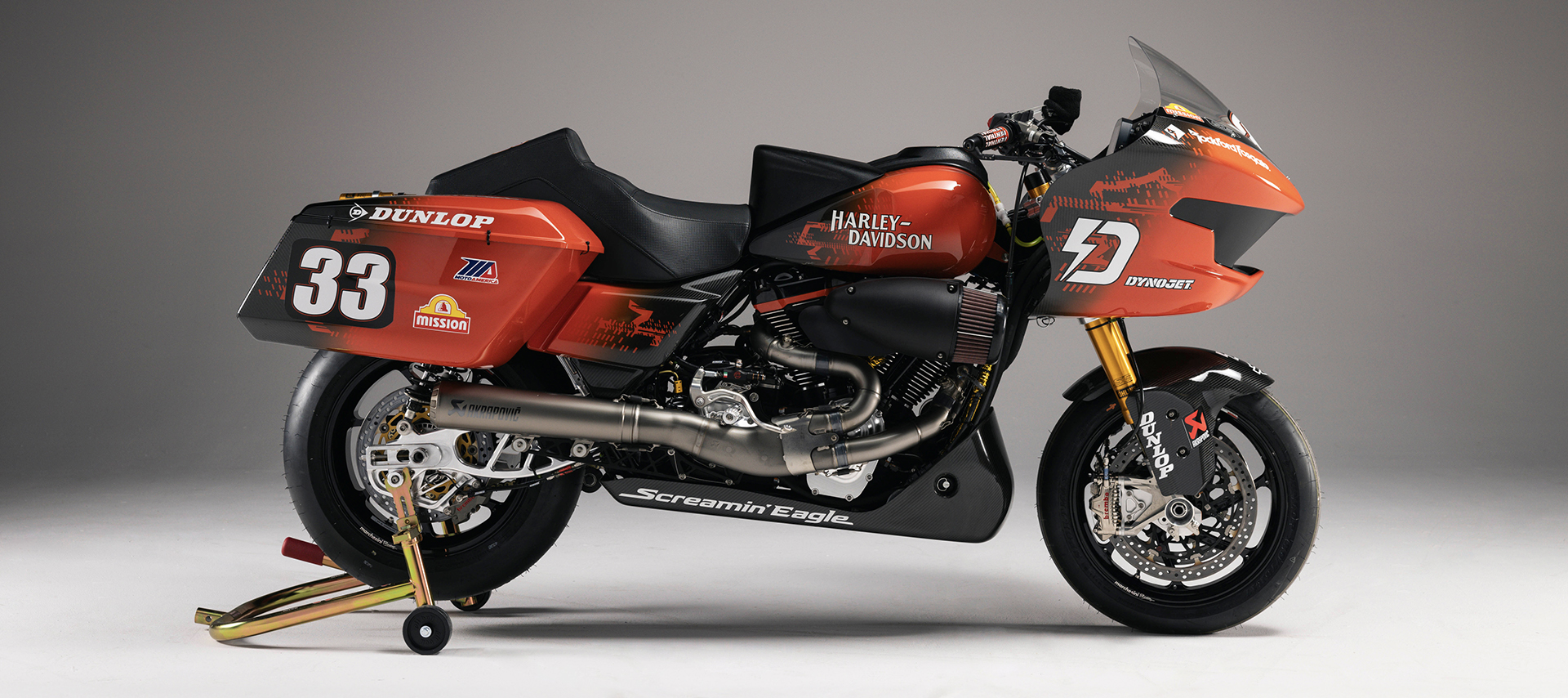 A studio image of Kyle Wyman’s race built Harley-Davidson Road Glide.