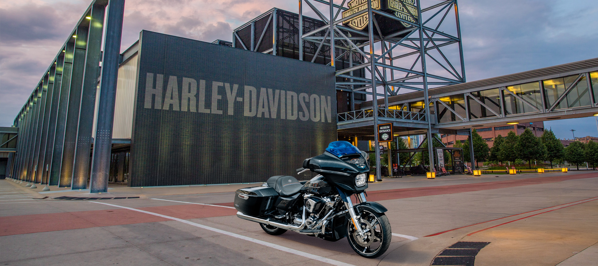 Motorcycle parked outside Harley-Davidson museum building