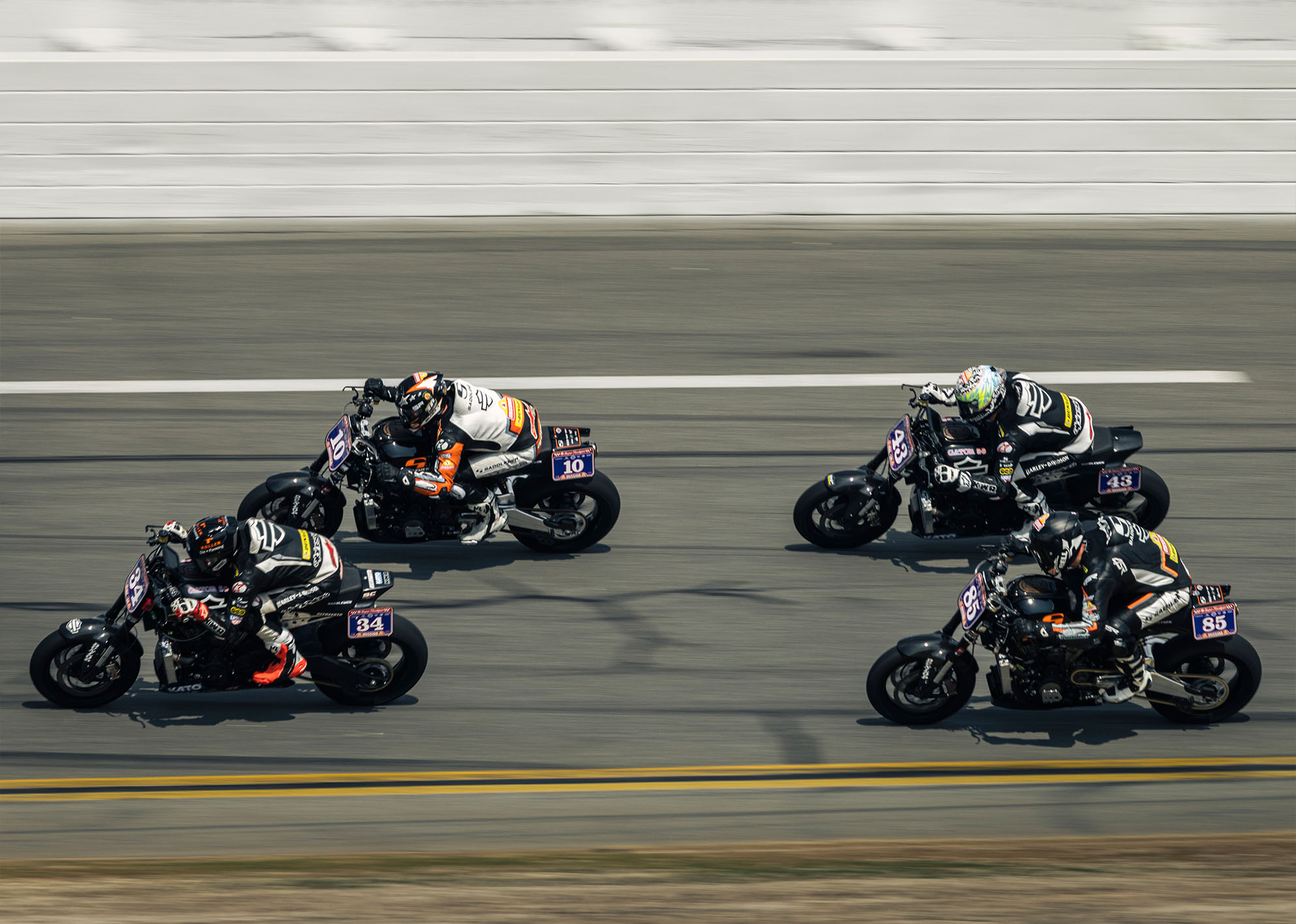 Four H-D Pan America Super Hooligans battle for the lead in a wild race at Daytona International Speedway