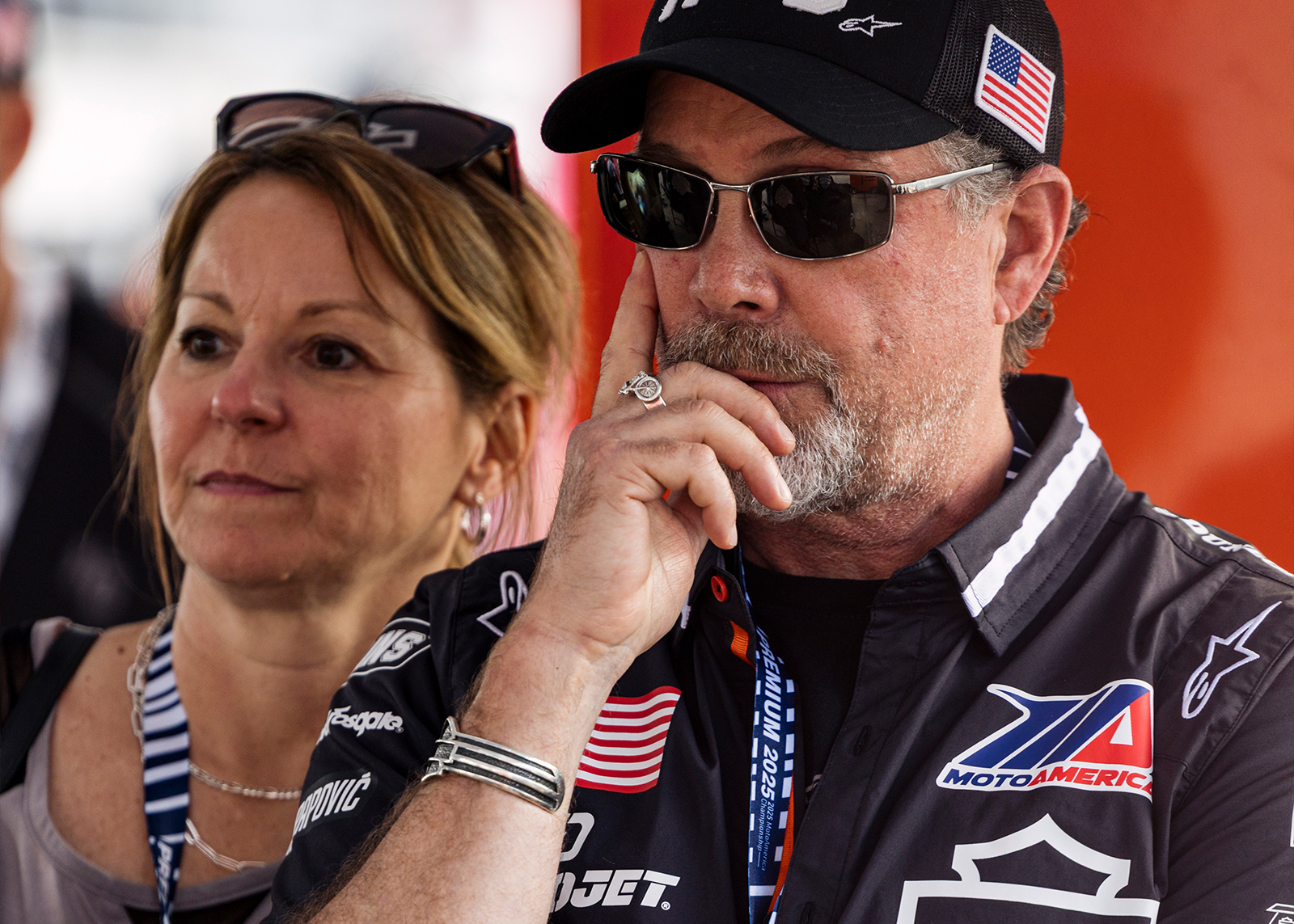 Bill Davidson watches the race intently on pit road