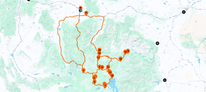 Map image of the complete route through Yellowstone