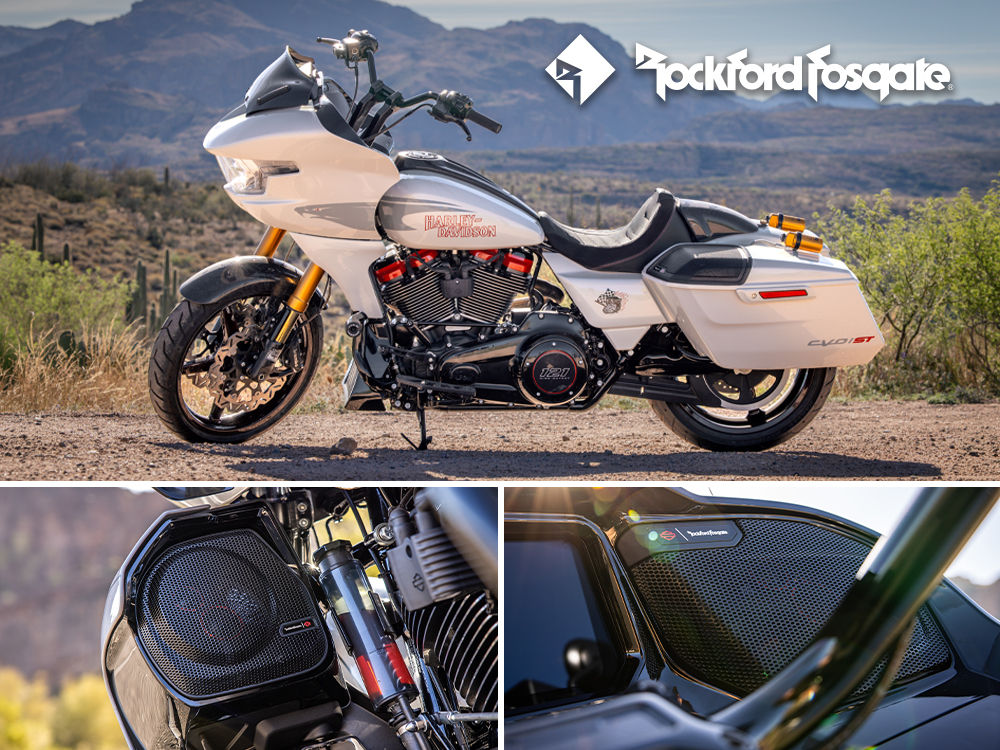 Harley-Davidson touring bike with Rockford Fosgate audio system and detail close-ups