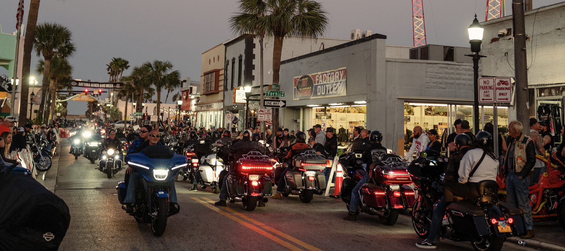 Droves of bikers flood Main Street in Daytona Beach at dusk