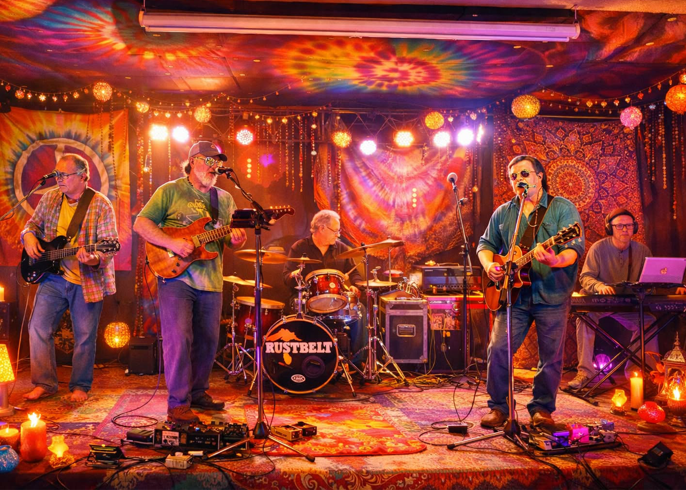 Band performing on stage with colorful lights and psychedelic backdrop
