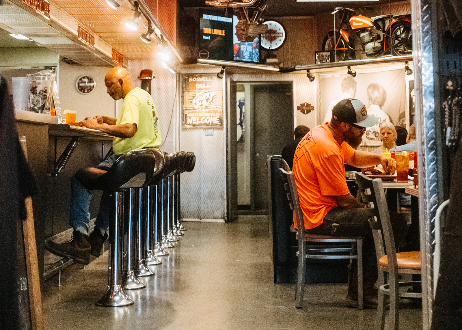 People eating breakfast at the diner style restaurant located inside Boswell’s Harley-Davidson.