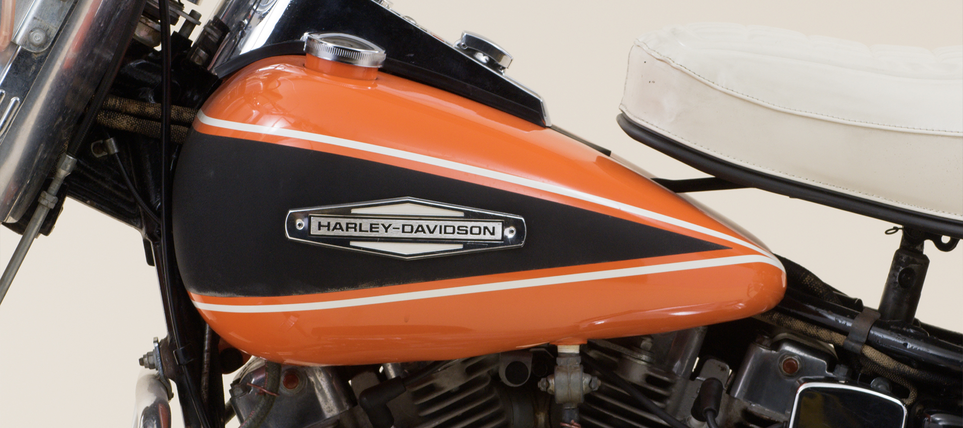 A close-up shot of a Harley-Davidson gas tank
