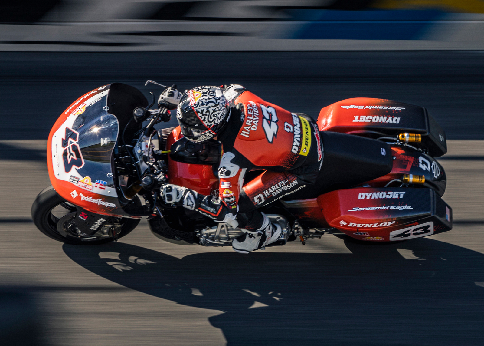James Rispoli rides the high banks of Daytona International Speedway on his number forty-three motorcycle