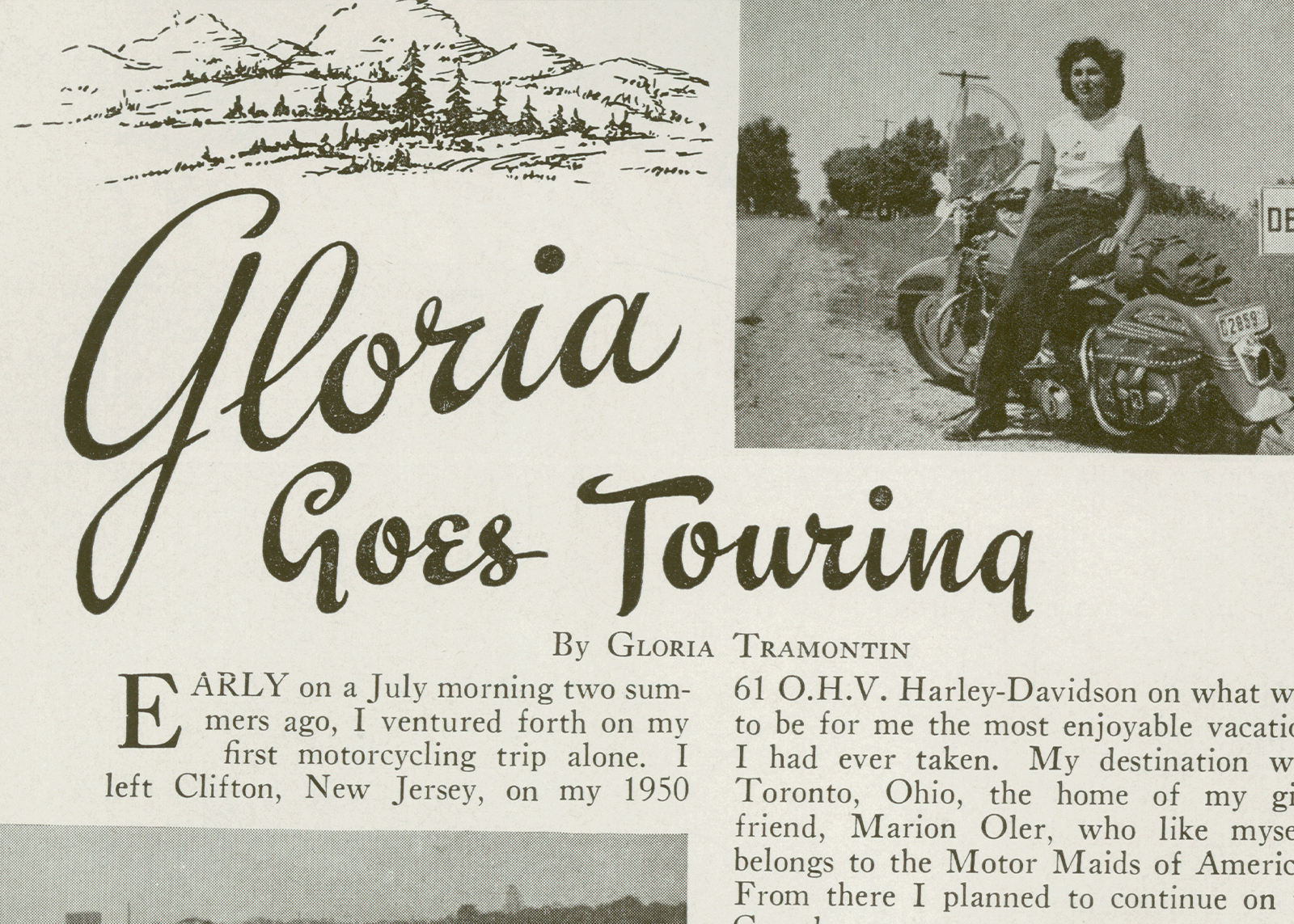 A scan of an article titled “Gloria Goes Touring” written by Motor Maid member Gloria Tramontin featured in an early edition of Harley-Davidson Enthusiast magazine.