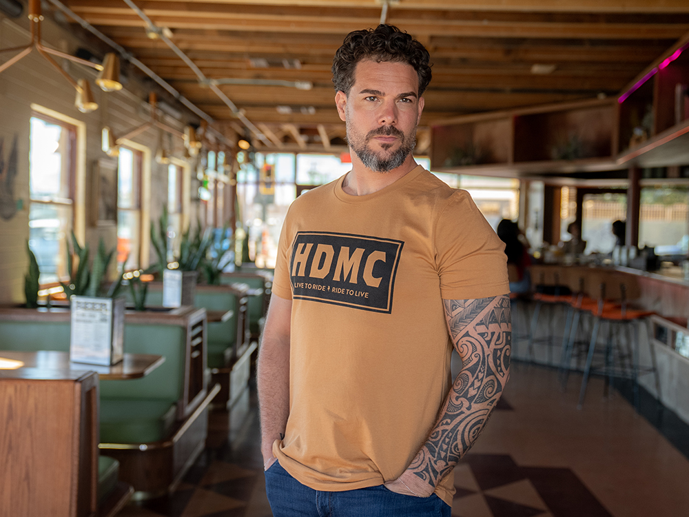 men wearing a brown letterblock tshirt