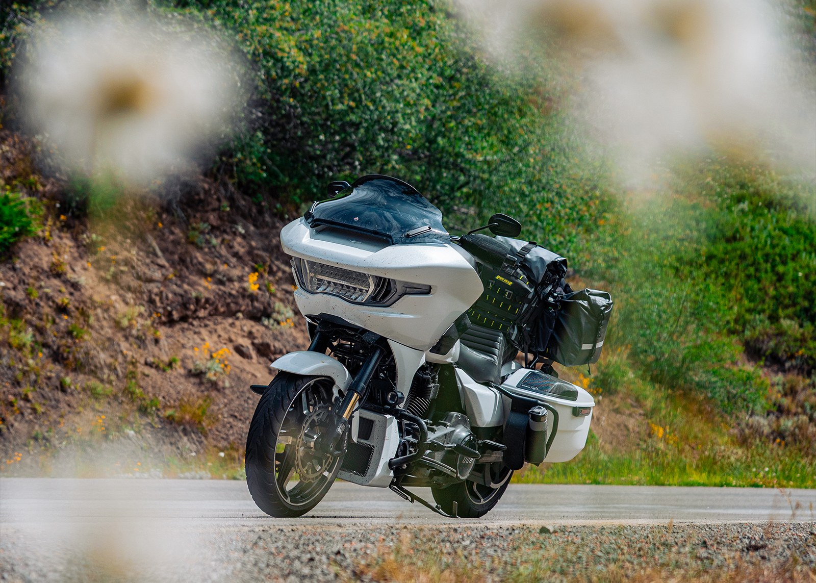 White Harley-Davidson Road Glide motorcycle with saddlebags parked on roadside framed by flowers out of focus in the foreground.