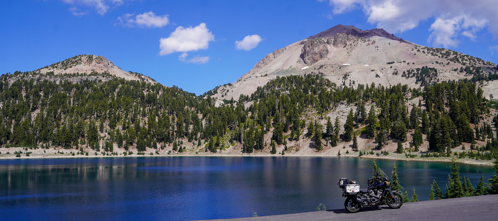 The author Sanna Boman’s Harley-Davidson Pan America at Lake Helen in Northern California’s Lassen Volcanic National Park.