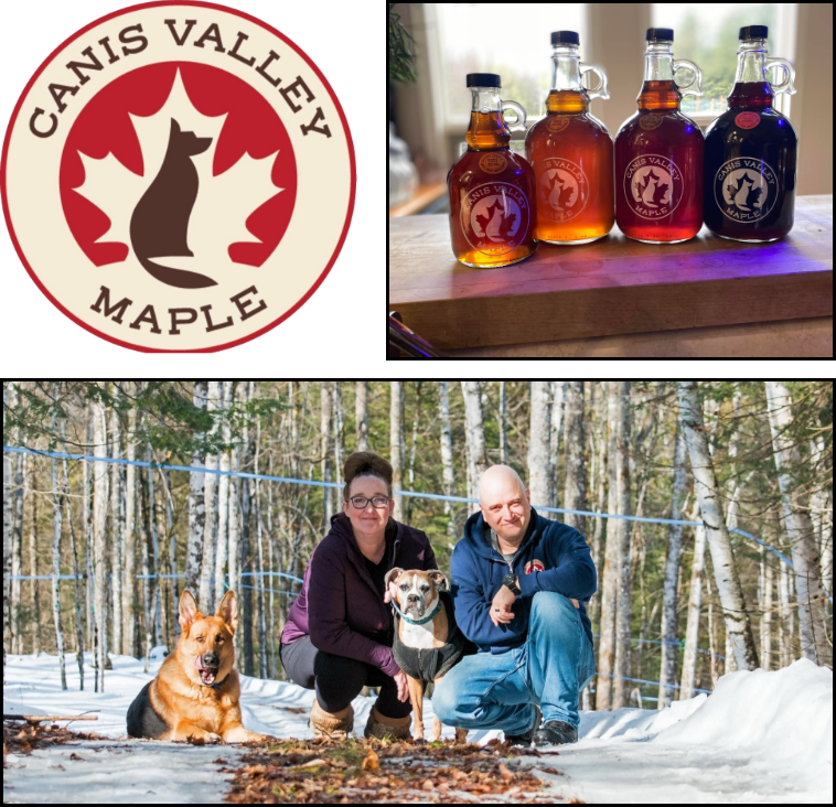 Photo d’Erica et Shawn Racette avec deux chiens.  Photo de quatre bouteilles de sirop d’érable.  Logo de l’entreprise Canis Valley Maple.  