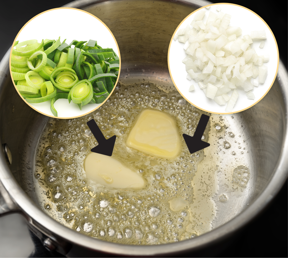 Photo d’une casserole dans laquelle on fait fondre du beurre. Il faut y ajouter les rondelles de poireaux et d’oignons. 