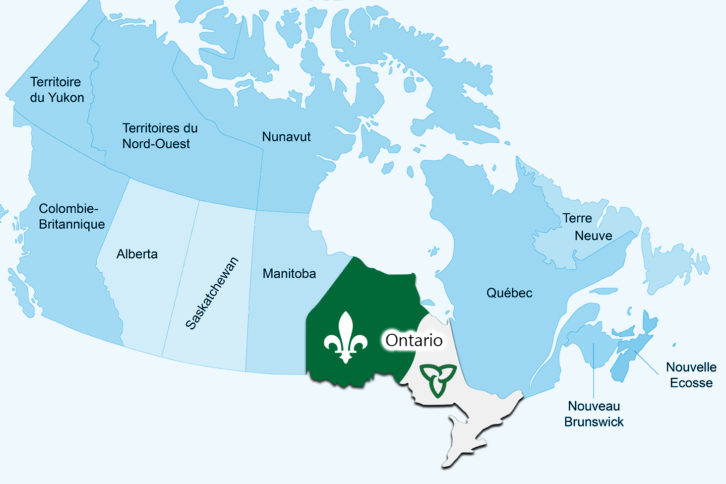 Carte du Canada avec l'Ontario marqué par le drapeau Franco-Ontarien. 